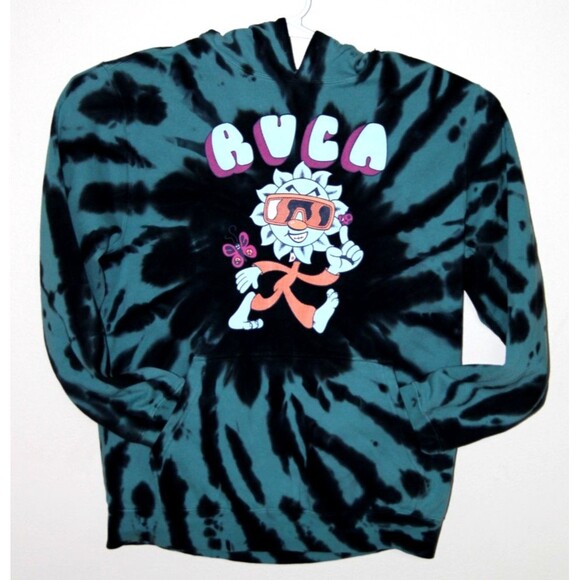 RVCA Women Large Hoodie Blue Black Tie Dye Fleece Pullover Sweatshirt Cat Graphi - Picture 1 of 7